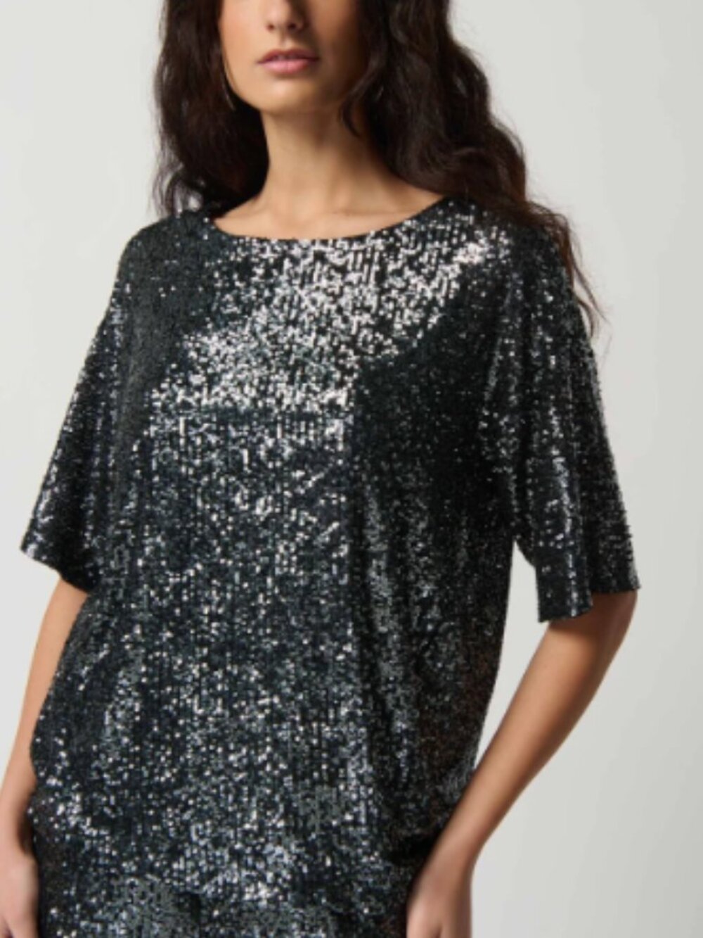 NWT! Joseph Ribkoff Black Gunmetal Sequin Dolman Elbow Sleeve Boxy Top Size 12